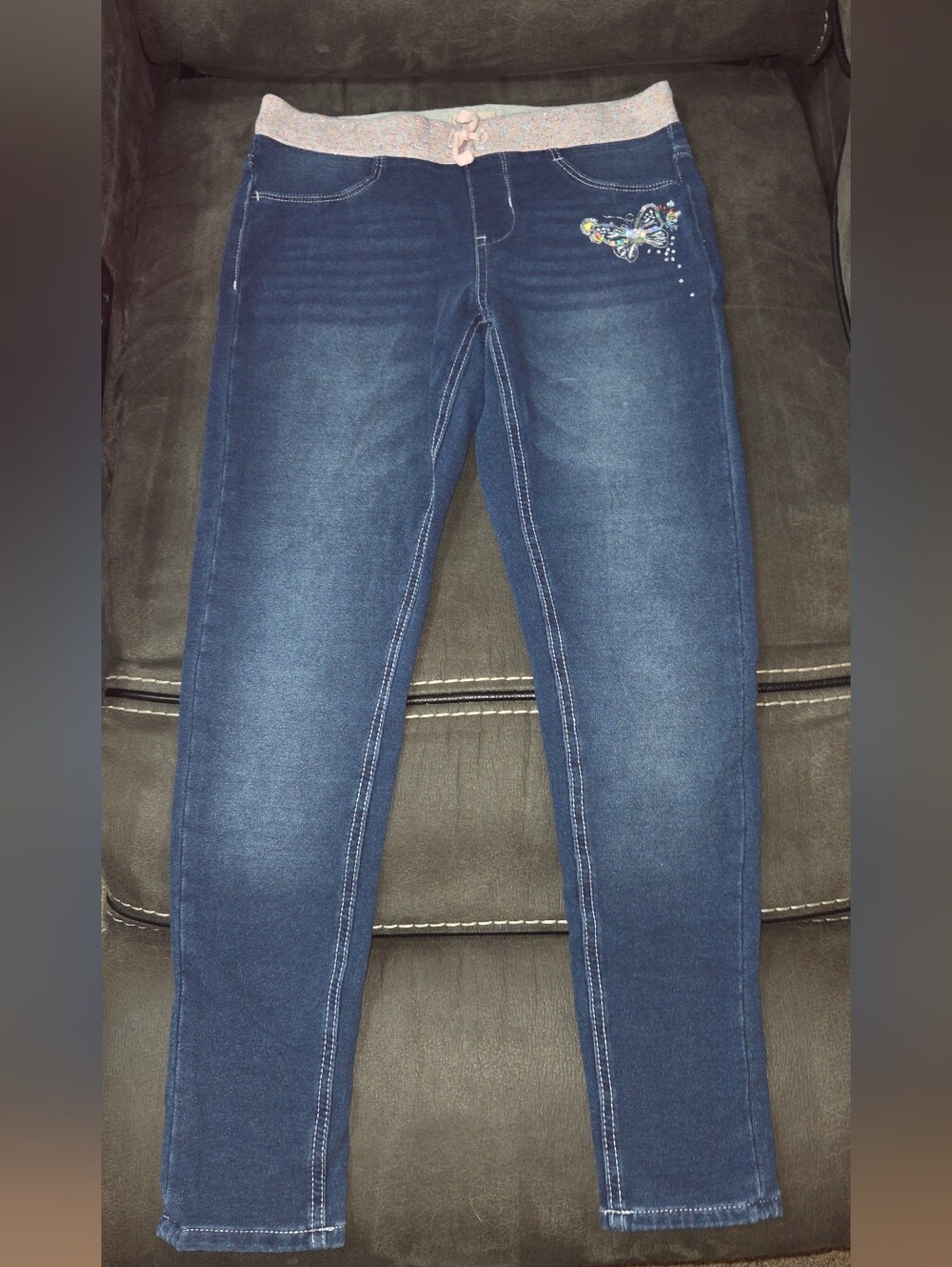 SO Girls Dark Blue Denim Jeggings w/ Pink Waistband Embellished Butterfly Sz 16